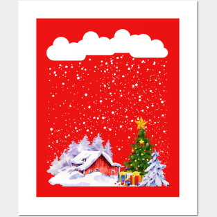 Cozy snow cabin mountain snow storm snowy Christmas tree Posters and Art